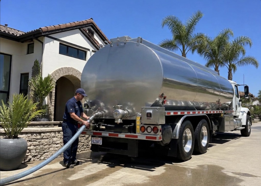 CX Water Transport 4,000-gallon white water truck delivering bulk water in San Diego County